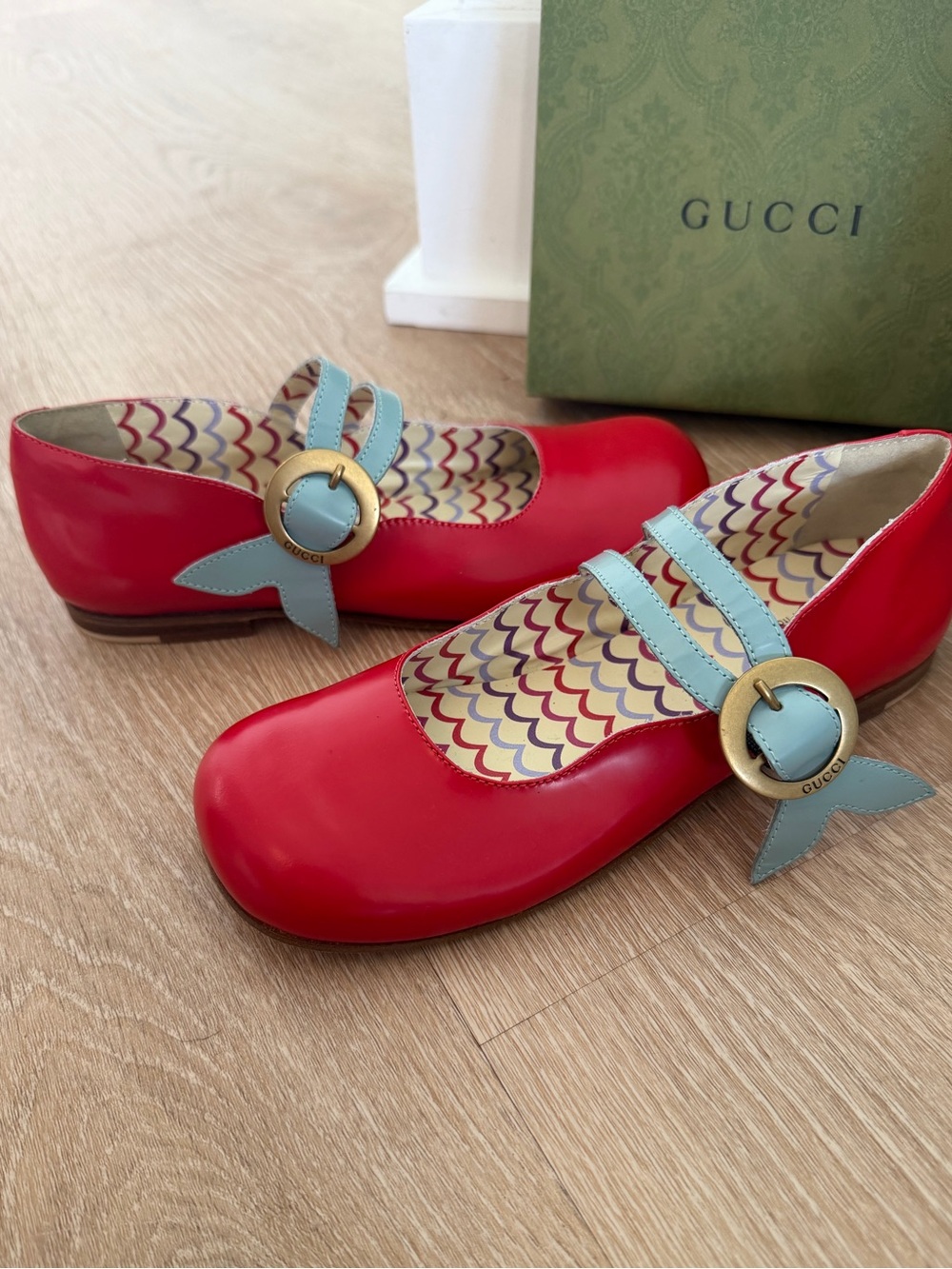 Gucci Red Mary Jane Flats w Light Blue Mermaid Tail Strap and Gold Buckle NTW